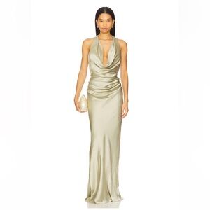Nookie Satin Penelope Drape Gown in Thyme NWT